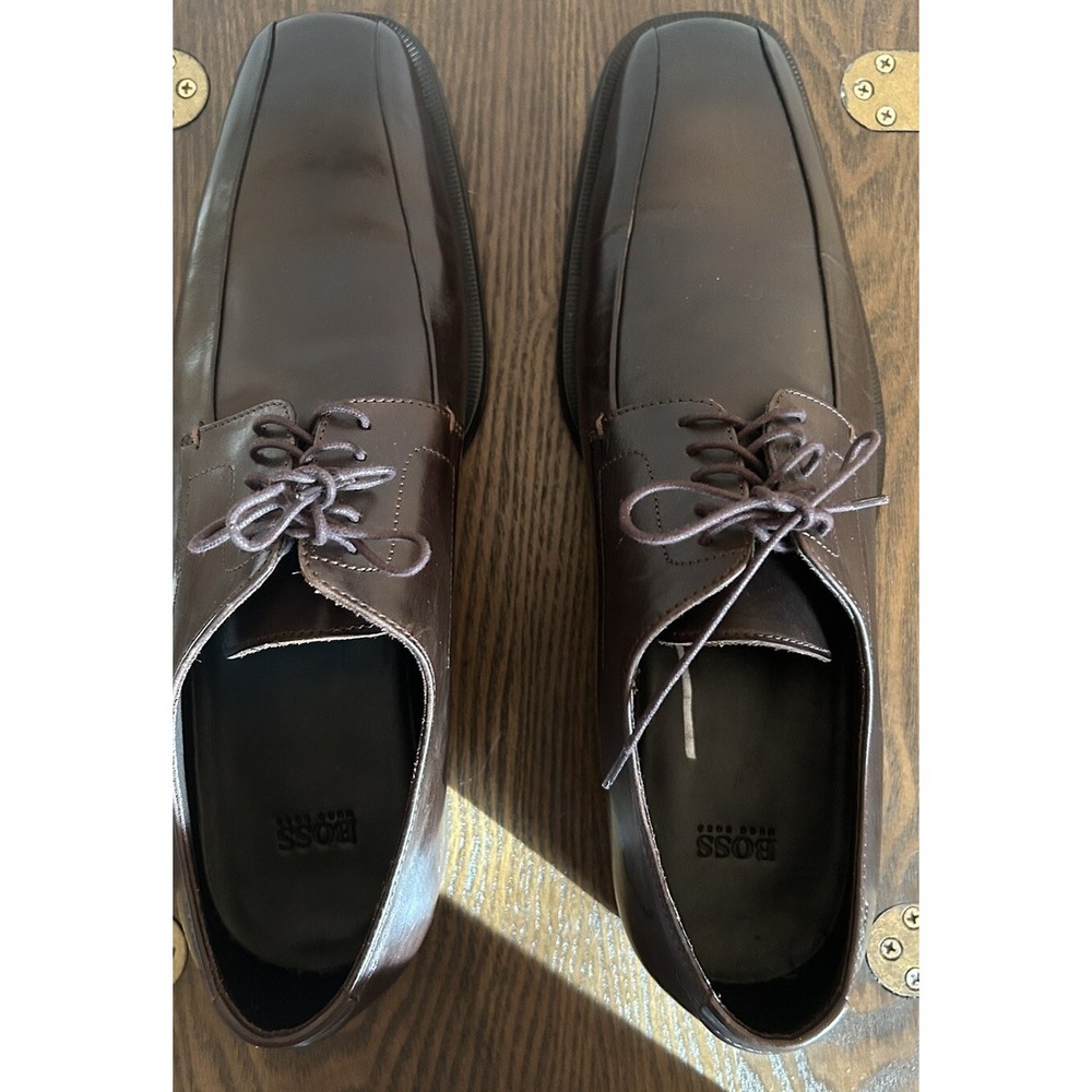 Boss Hugo Boss Men's‎ Brown Leather Lace Up Dress Shoes Sz 9 Square Toe - Picture 7 of 7